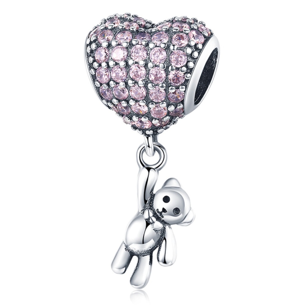 925 Sterling Silver Teddy Bear Heart Balloon Charm